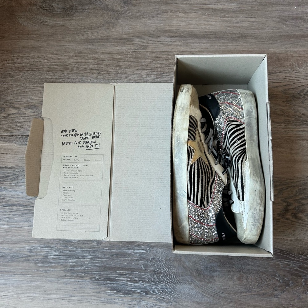 Golden Goose Zebra Print Sneakers with Silver and Black Accents